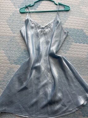 Light Blue Satin Slip Chemise with Floral Embroidery and beading